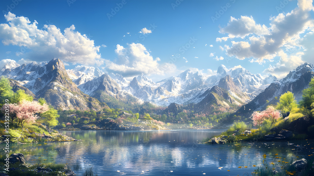 Fototapeta premium Serene Mountain Lake with Blossoming Trees and Snow-Capped Peaks