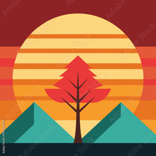 retro styled tree and mountain scene with layered vector illustration  
