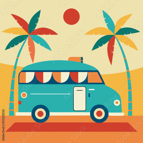 retro car on the beach vector illustration