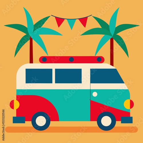 vector illustration  retro van at beach party with palm tree and strip
