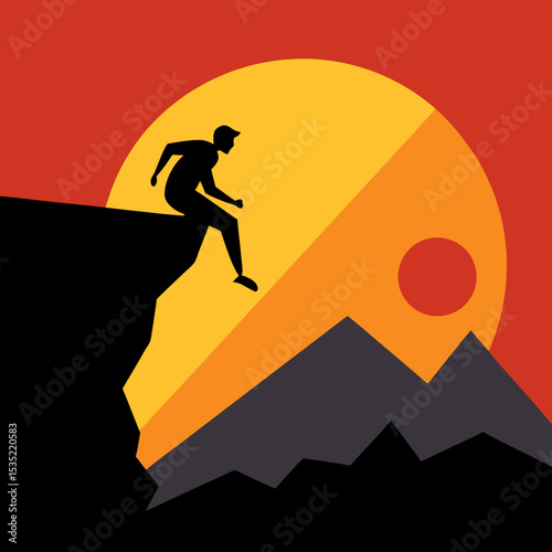 vector illustration ock climber on cliff edge with sunset badge behi