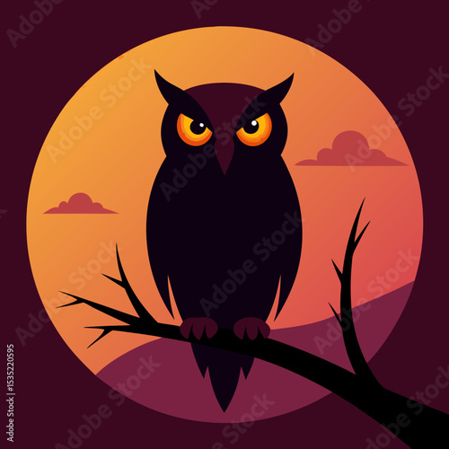 silhouette of owl on a branch with faded sunset g  vector illustration