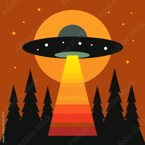 vector illustration ufo flying over pine forest with sunset glow 