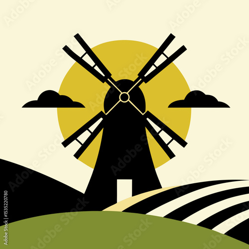 vector illustration  windmill silhouette with fields and vintage sun