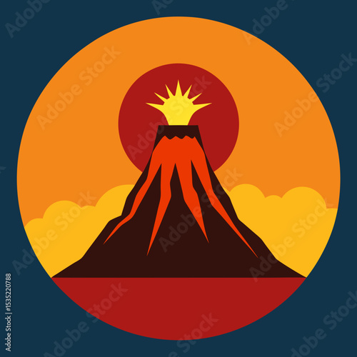 vector illustration  volcano eruption under retro styled sun circle 