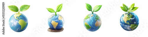set Earth Globe with Sprouting Plants on Transparent Background

