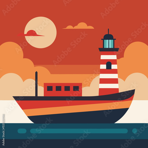 Mini Boat Near Lighthouse with Retro Gradient Sunset