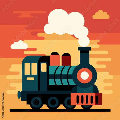 Vintage Train with Smoke Trail under Striped Sunset