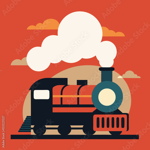 Steam Locomotive with Smoke Rising into Retro Sky