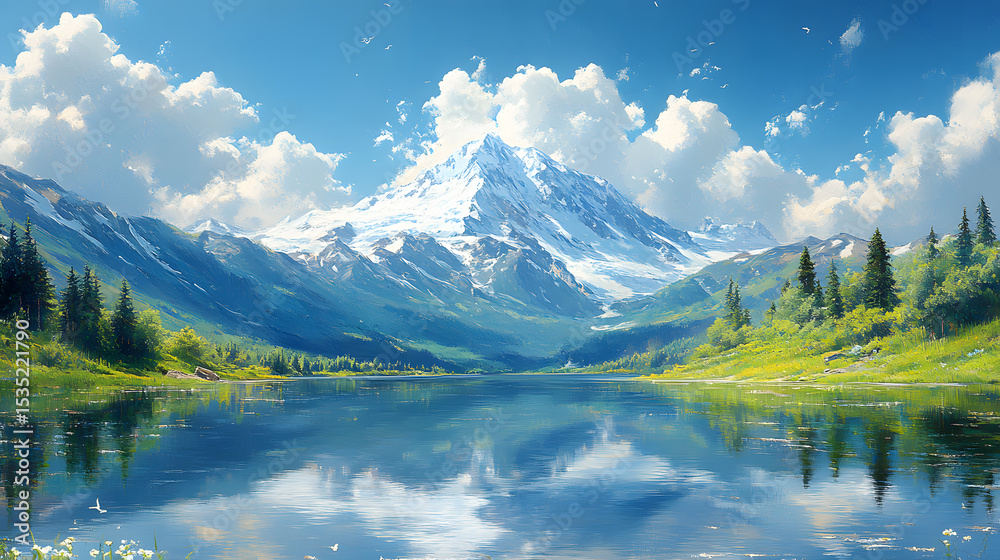Fototapeta premium Serene Mountain Lake with Snow-Capped Peaks and Lush Greenery