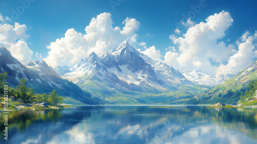 Serene Alpine Lake with Snow-Capped Mountains and Reflective Waters