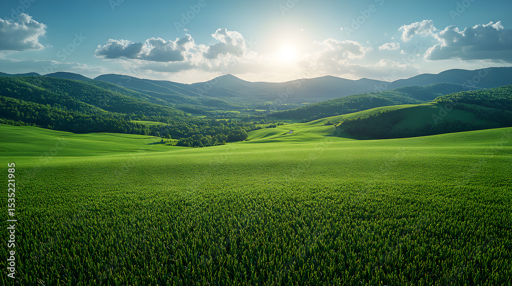 Fototapeta premium Vibrant Green Fields Stretching Towards Rolling Hills Under a Bright Sun