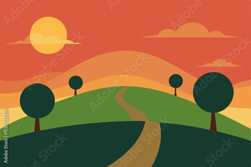 Serene Sunset Landscape Rolling Hills, Winding Path, and Peaceful Vista