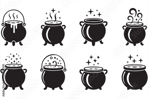 Sparkling Cauldrons and Mystical Steaming Vessels for Witch-Themed Halloween Illustration and Fantasy Decor Design