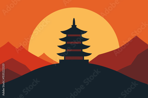 Serene Sunset Pagoda Silhouette against Mountain Range