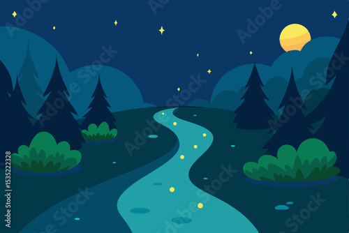Serene Night Landscape Moonlit River, Starry Sky, and Silhouetted Trees