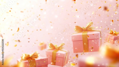 Celebration with Pink Gift Boxes and Golden Confetti against a Gradient Backdrop