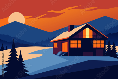 Cozy Mountain Cabin at Sunset A Winter Wonderland Illustration