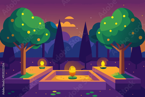 Serene Twilight Garden A Tranquil Evening Landscape Illustration