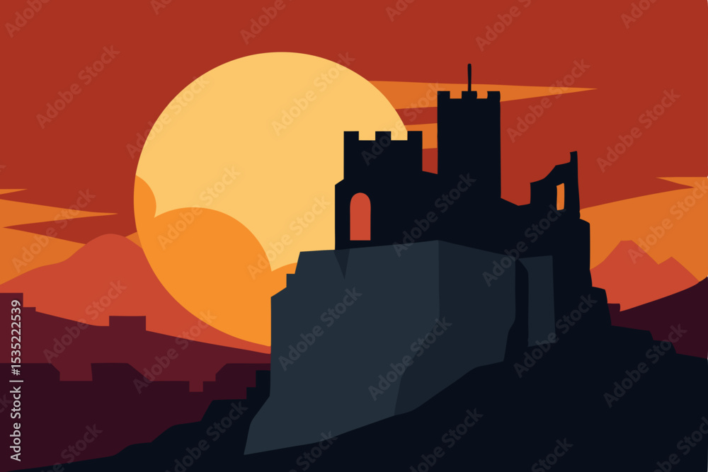 Obraz premium Sunset Silhouette Majestic Castle Ruins on a Clifftop