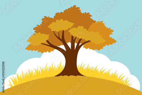 Autumn Landscape Golden Tree on Hilltop with Tall Grass