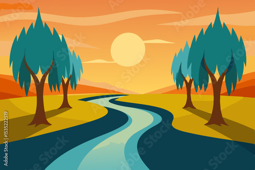 Serene Sunset Landscape River Winding Through Autumnal Fields