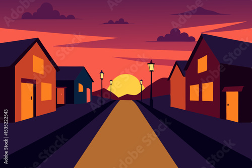 Sunset Suburban Street Serene Evening Houses and Peaceful Road