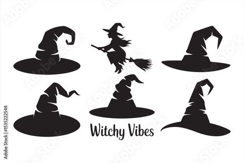 Black Witch Hat Icons with Flying Sorceress and Witchy Vibes Lettering for Elegant Halloween Vector Illustration