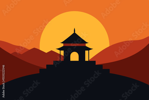 Serene Sunset Silhouette Mountain Temple at Golden Hour