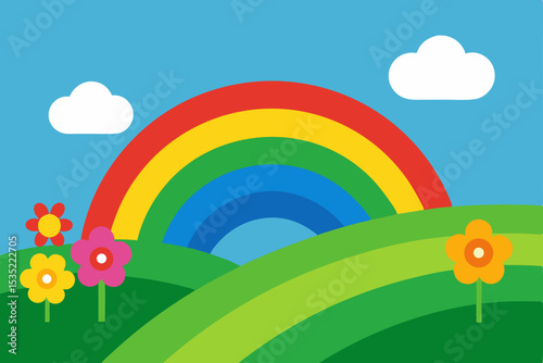 Vibrant Rainbow over Rolling Hills and Colorful Flowers A cheerful illustration