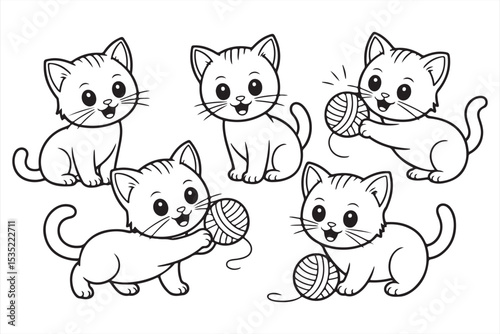 Expressive Cartoon Kittens with Yarn in Playful Black and White Style