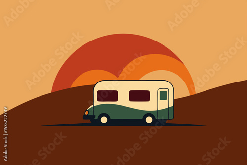 Retro Camper Van Sunset A Vintage Road Trip Illustration