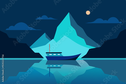 Serene Night Boat at Anchor, Majestic Mountain Reflections