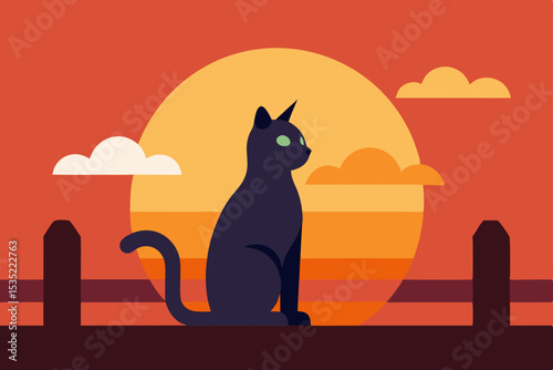 Sunset Silhouette A Black Cat on a Fence at Dusk