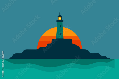 Serene Sunset Lighthouse Silhouette on Coastal Island