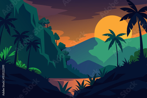 Sunset over Lush Tropical Valley A Vibrant Illustration of Nature's Beauty