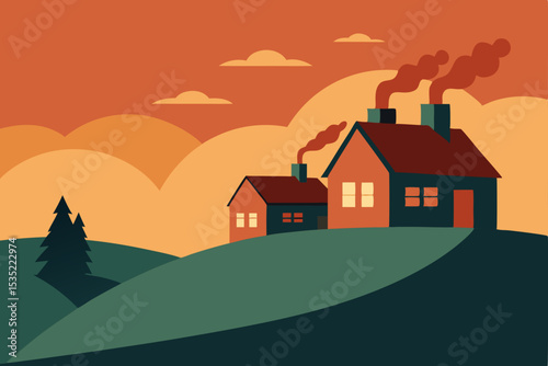 Sunset Hills Charming Village Houses in a Serene Landscape Illustration