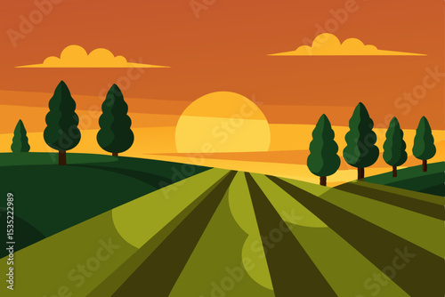 Sunset over Rolling Hills and Farmland A Serene Countryside Landscape Illustration