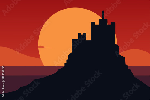 Majestic Castle Silhouette at Sunset A Coastal Vista