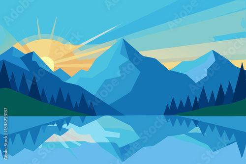 Serene Sunrise Mountain Lake Reflection A Stunning Landscape Illustration