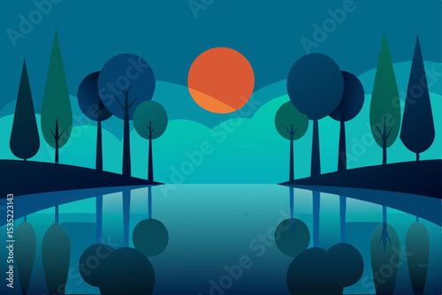 Serene Sunset Landscape Minimalist Illustration of Calm Lake and Trees