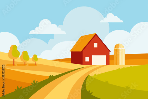 Picturesque Rural Farmland Rolling Hills, Barn, and Golden Fields