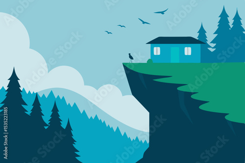 Serene Mountaintop House Cliffside Retreat Illustration