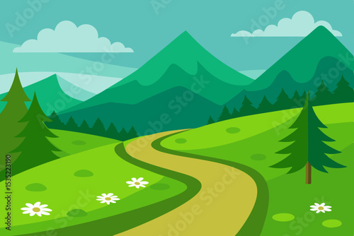 Serene Mountain Vista A Winding Path Through Lush Green Hills and Majestic Peaks