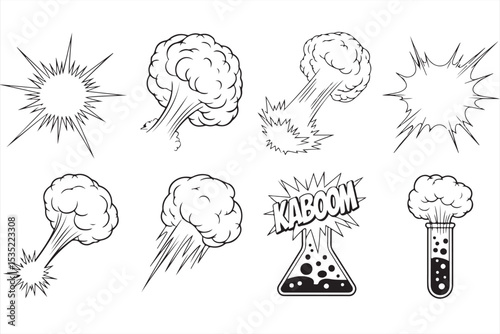Cartoon Explosion Set Featuring Bold 'Kaboom' and Lab Blasts in Comic Style