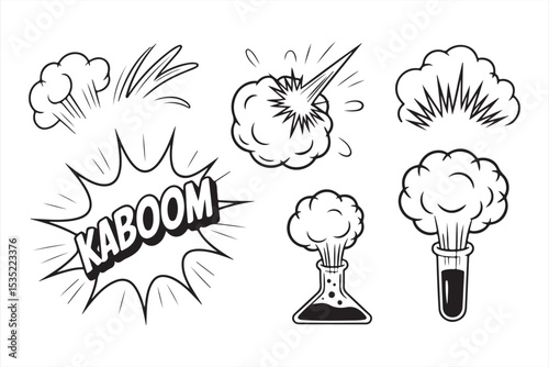 Stylized Chemistry Explosion Icons and Comic Lab Reactions in Line Drawing Format
