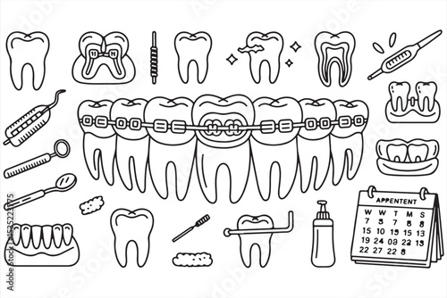 Black Line Illustration of Orthodontic Braces and Dental Tools Including Teeth, Cavity Care, and Hygiene Devices for Educational Use and Medical UI