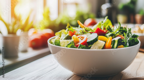 Fresh vegetable salad in white bowl, ingredients arranged in circle. Healthy eating with natural ingredients.