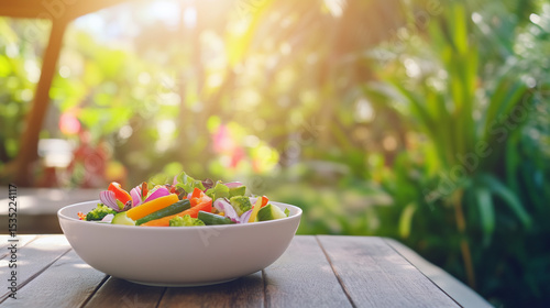 Fresh vegetable salad in white bowl, ingredients arranged in circle. Healthy eating with natural ingredients.