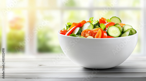 Fresh vegetable salad in white bowl, ingredients arranged in circle. Healthy eating with natural ingredients.